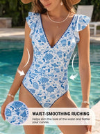 Ruffled V-Neck Tummy Control One-Piece Swimsuit