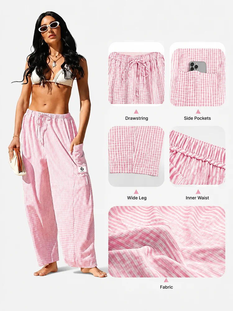 Women's Casual Loose Fit Gingham Wide Leg Pants