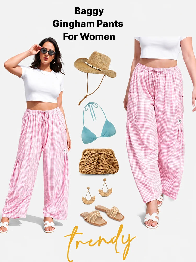 Women's Casual Loose Fit Gingham Wide Leg Pants