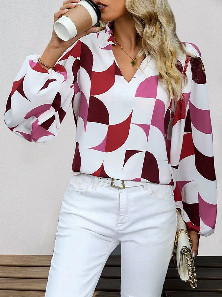 Womens V Neck  Brown Abstract Print Puff Sleeve Loose Blouse