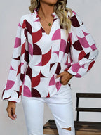 Womens V Neck  Brown Abstract Print Puff Sleeve Loose Blouse