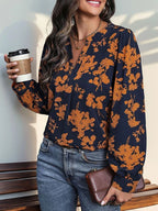 Women's V Neck  Floral Print Pullover Pleated Blouse