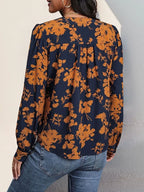 Women's V Neck  Floral Print Pullover Pleated Blouse