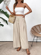 Women Flowy Pants Drawstring Waist Wide Leg with Pockets