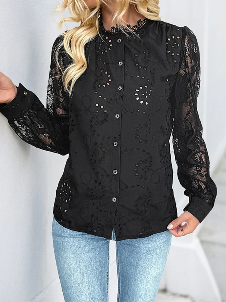 Womens Lace Tops Sheer Long Sleeve Blouses