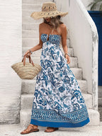 Floral Print Strapless Blue & White Resort Maxi Dress