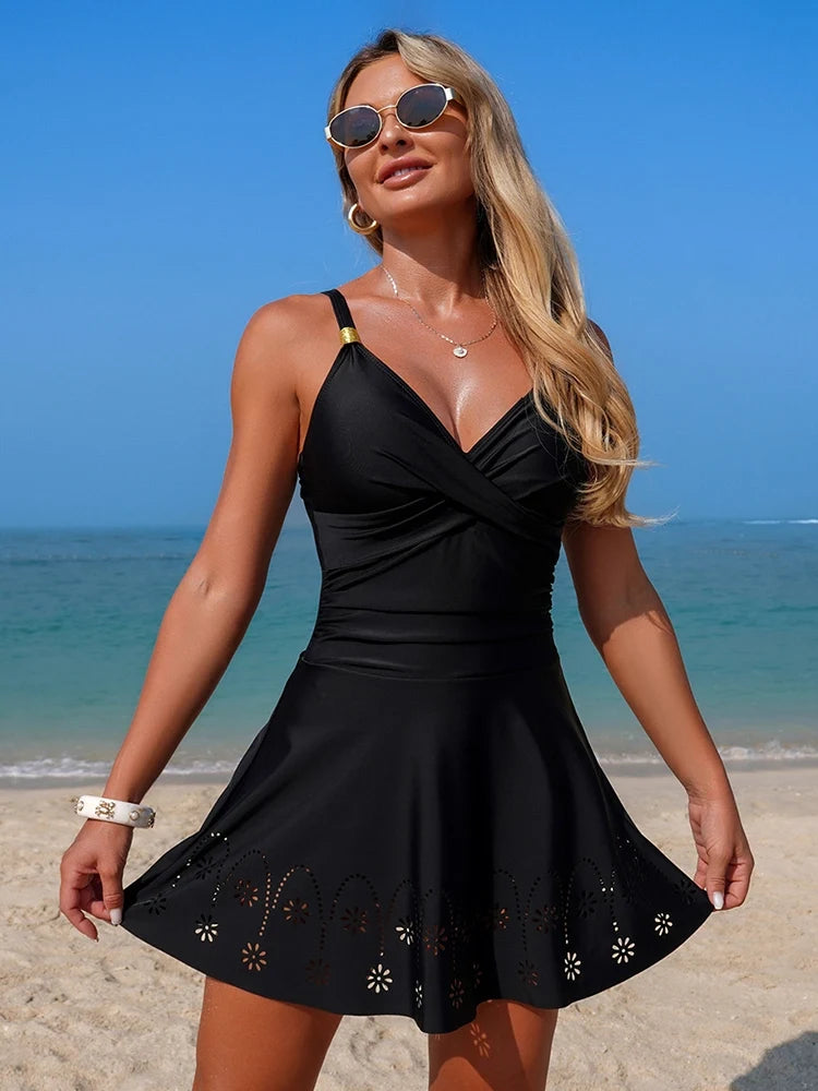 Women’s Twist Front Swimdress – Ruched Tummy Control One Piece with Skirt