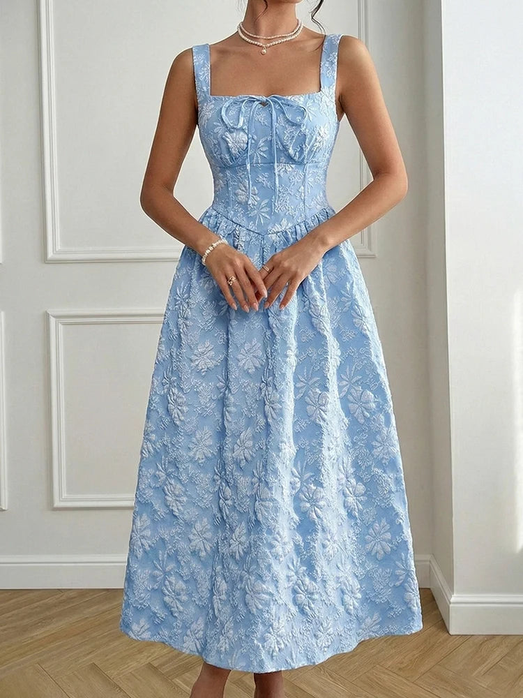 Women's Casual Sleeveless Square Neck Jacquard Flowy Maxi Dress