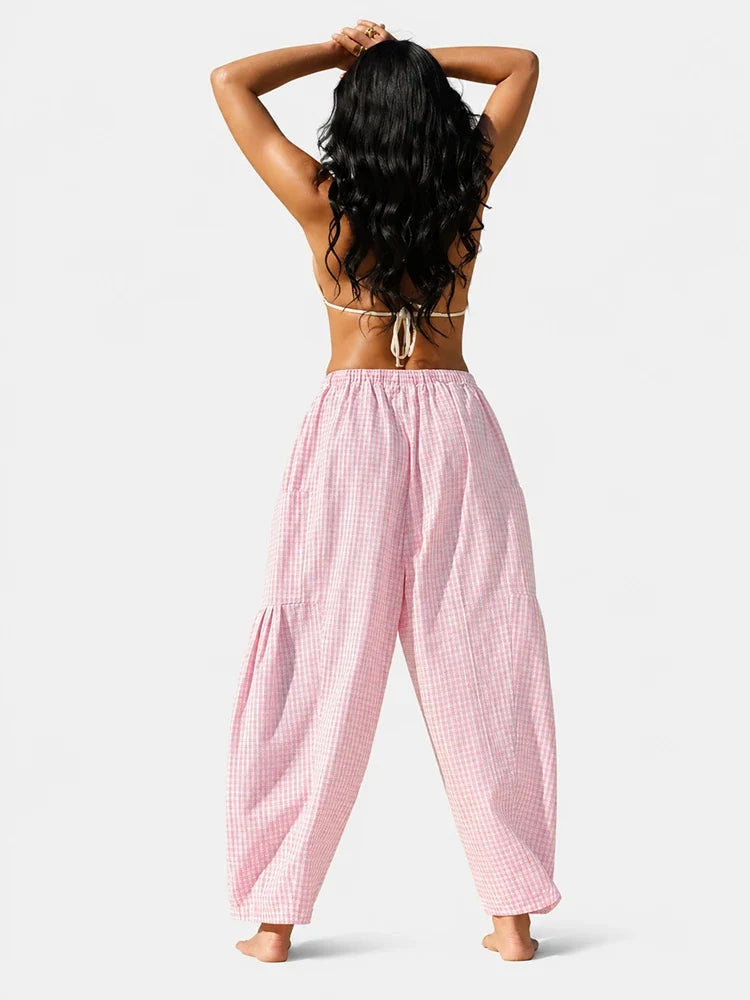 Women's Casual Loose Fit Gingham Wide Leg Pants